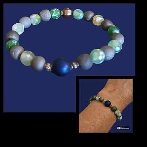 HANDMADE Fire Agate Druzy Beaded Unisex Stretch Bracelet